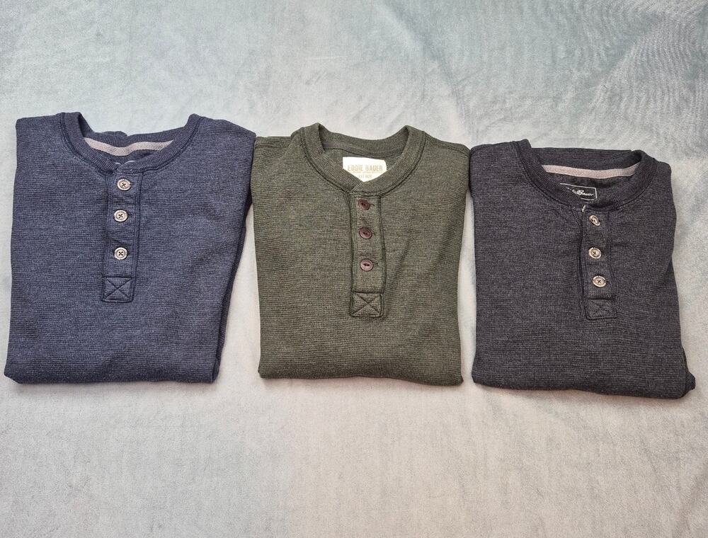 Lot Of 3 Mens Eddie Bauer Waffle Knit Henley Thermal Longsleeve Shirt Size L